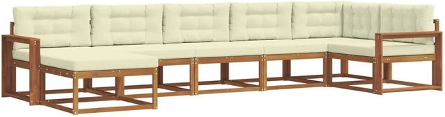 vidaXL Outdoor-Sofagarnitur aus Akazienholz in L-Form mit 7-teiligem Set, Kissen und Ottoman, Farbe: Natur und Creme - Bild 1