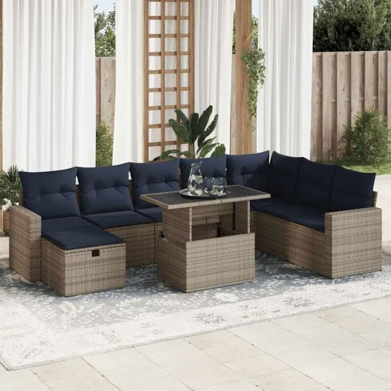 9-tlg. modulare Garten-Sofagarnitur mit Kissen und Fußhocker aus Poly-Rattan in Grau von vidaxl - Bild 1