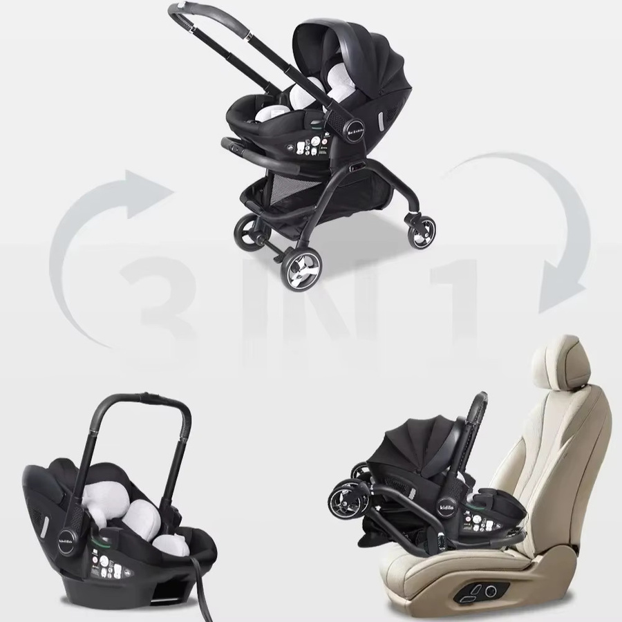 Kidilo 3-in-1 Kinderwagen mit Baby-Sicherheitssitz und Schlafkorb für Neugeborene in Schwarz - Bild 5