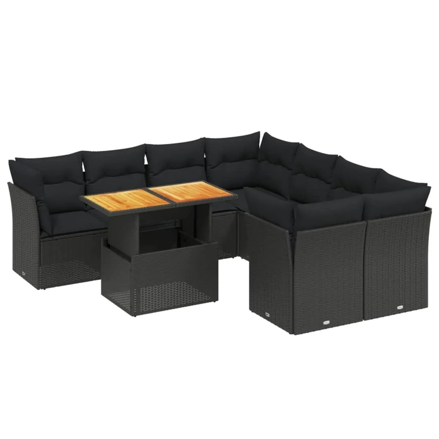 vidaXL 9-teilige Garten-Sofagarnitur in L-Form aus Poly-Rattan und Akazienholz mit Kissen, Schwarz - Bild 2