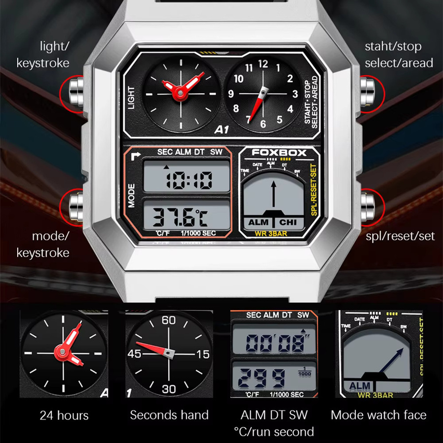 Lige Armbanduhr, Analog-Digital, Edelstahl, Eckig, Schwarz, Herren - Bild 3
