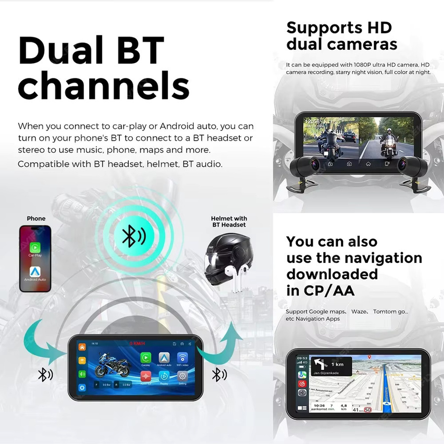 NAVIFANS Tragbares Motorrad Navigationssystem mit 6,25 Zoll Touchscreen, Android Auto und CarPlay, IP67 Wasserdicht, Schwarz - Bild 3