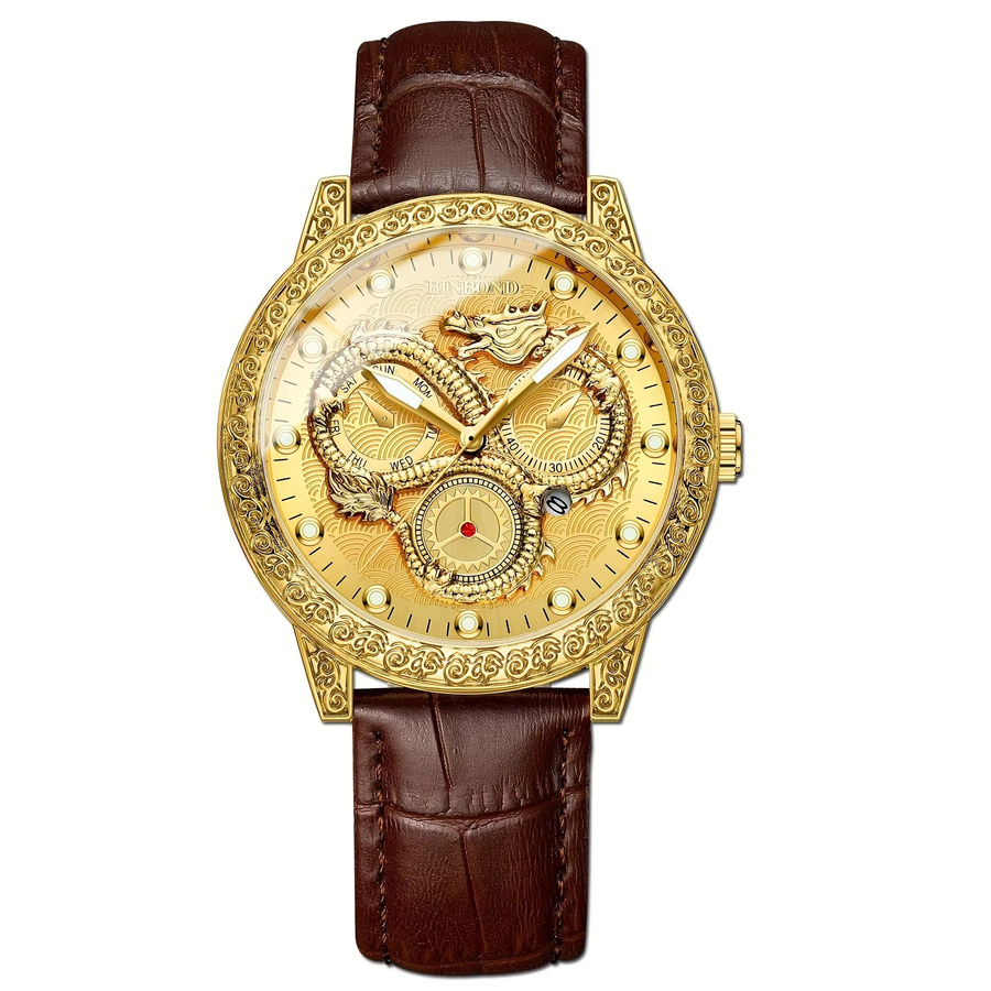 Armbanduhr Herren, Quarz, Gold, Leder, Leuchtzeiger - Bild 6