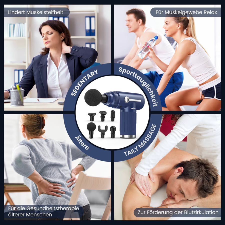 Sejoy Tragbare Faszienpistole Vibrationsmassagegerät in Blau mit 10 Geschwindigkeiten und 6 Massageköpfen zur tiefen Muskelentspannung für Körper, Nacken und Rücken - Bild 4