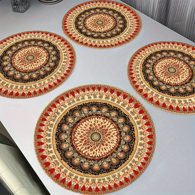 VIKAMA 4er Set Mandala Tischsets aus Leinen im Boho-Stil, rund, Mehrfarbig, Durchmesser: 38 cm - Bild 1