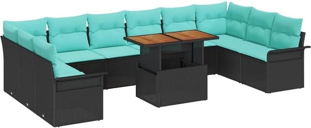 vidaXL Gartensofa-Set aus Poly-Rattan mit 11 Teilen in Schwarz und Blau inklusive Kissen und Gartentisch - Bild 1