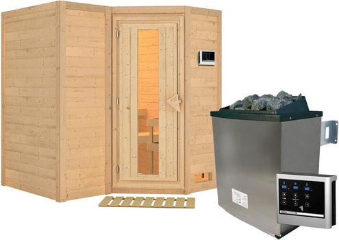 Karibu Sauna Riga 1 aus Fichtenholz in Beige mit 9 kW Saunaofen und externer Steuerung für 3 Personen, B/T/H: 193 x 184 x 209 cm - Bild 1