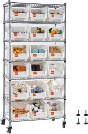VEVOR Rollbares Standregal mit 7 Ebenen und 18 Stapelboxen aus Stahl, Mobiles Lagerregal für Garage, Büro und Küche, B/T/H: 69,0 x 35,5 x 149,0 cm - Bild 1