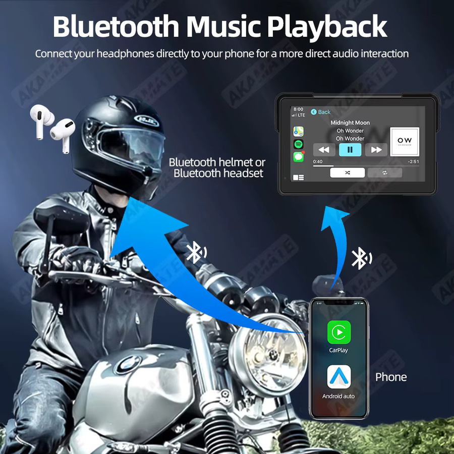 AKAMATE Motorrad GPS Navigation Monitor mit drahtlosem CarPlay und Android Auto, wasserdichter 5 Zoll oder 7 Zoll IPS Bildschirm mit Bluetooth, Schwarz - Bild 4