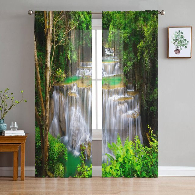 Yiran Furniture Transparente Vorhänge Wald Schneelandschaft aus Tüll und Organza mit Ösen, Breite: 135 cm, Höhe: 115 cm - Bild 1