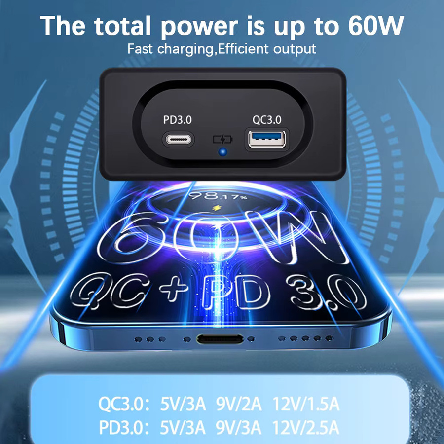 Dual USB Ladegerät Steckdose mit PD3.0 Typ-C Port und LED-Licht, 12/24V Schnellladepanel mit Wandhalterung, Schwarz - Bild 4
