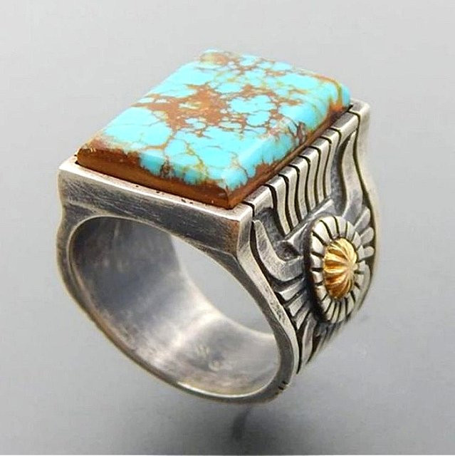 YoYo Ring, Synthetischer Türkis, Silber, Damen, Vintage - Bild 1