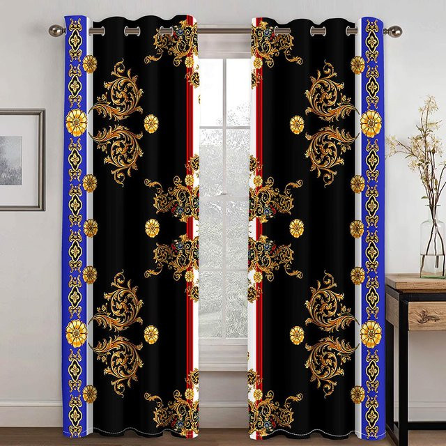 A Family Of Home Textiles Barock Luxus Designer Vorhang Set in Schwarz und Gold, 2 semi-transparente Stoffbahnen mit Ösen, Höhe: 240 cm, Breite: 95 cm pro Panel - Bild 1
