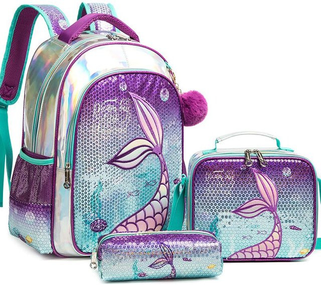 3-teiliges Set Meerjungfrau Schultasche für Mädchen mit wasserdichtem Rucksack, Brotdose und Federmäppchen in Multicolour - Bild 1