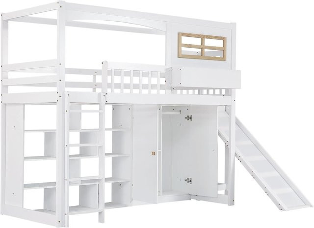 KOMHTOM Etagenbett für Kinder aus Kiefernholz in Weiß mit Rutsche, Kleiderschrank, Leiter und Fallschutzgitter, B/T/H: 200 x 90 x 150 cm - Bild 1