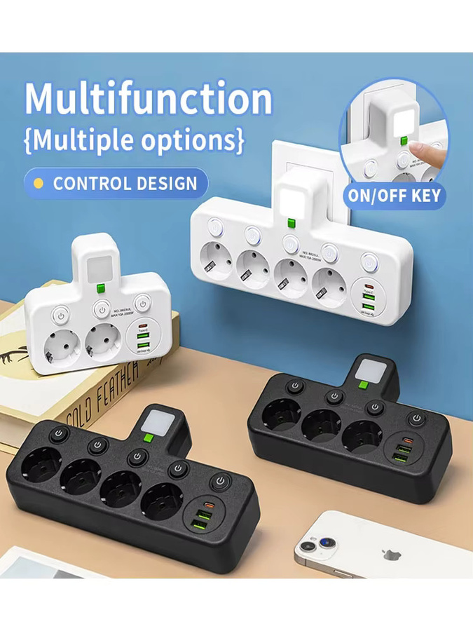 AXUS Elektrische Steckdose mit 5 EU-Steckdosen und USB-Typ-C-Anschlüssen in Weiß - Bild 5