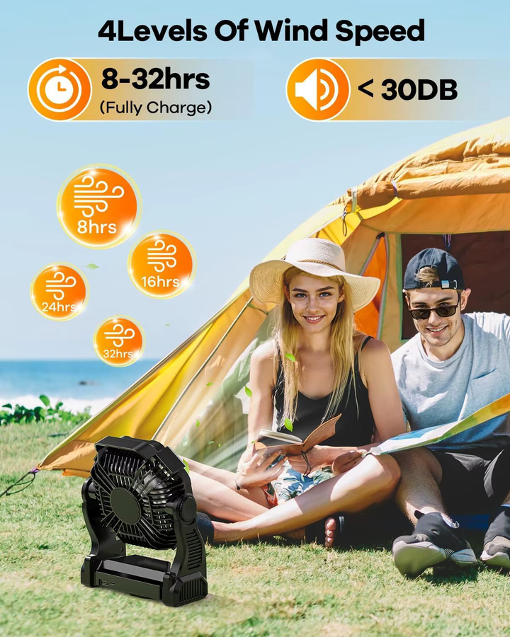 Tragbarer Camping-Ventilator mit 30000mAh Akku und LED-Laterne, wiederaufladbarer Outdoor-Ventilator für Reisen und Schlafzimmer in Pink oder Schwarz - Bild 3