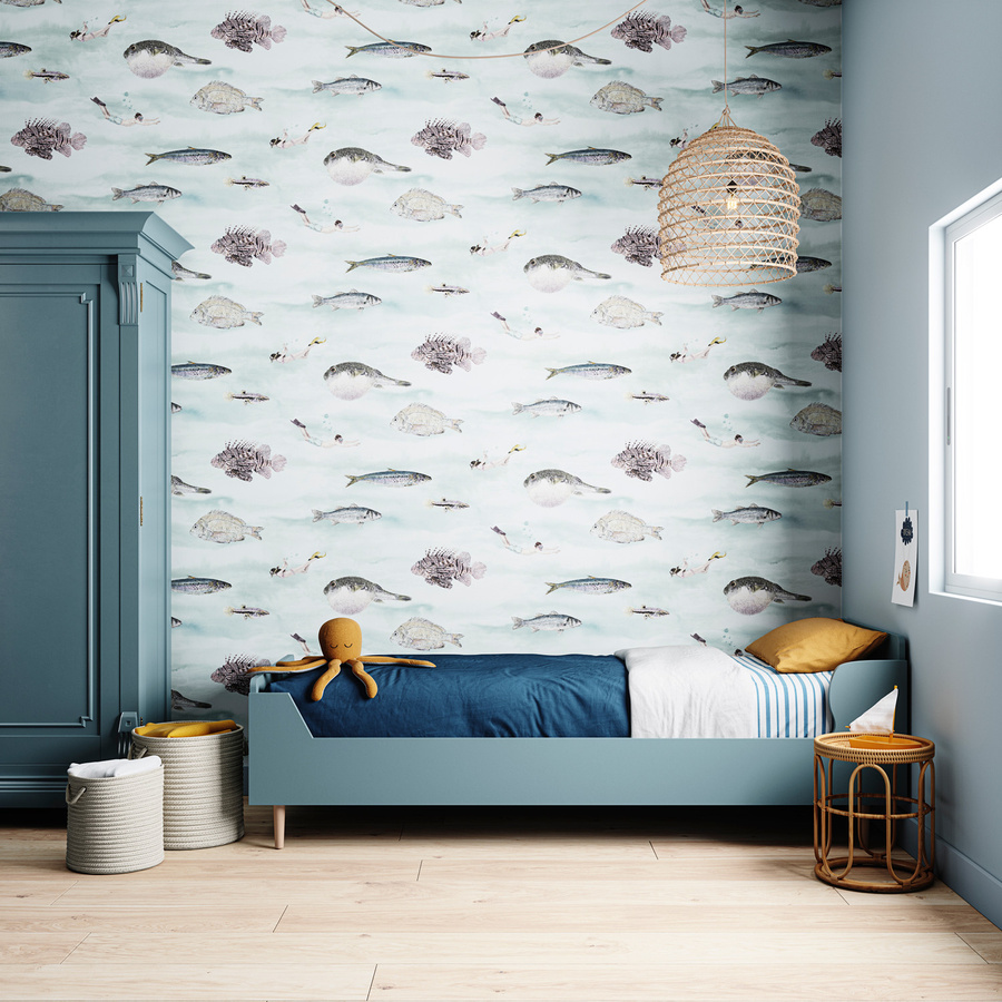 Sian Zeng Tapete Classic Fish in Blau-Grün, Vlies-Tapete mit maritimem Tiermotiv für Kinderzimmer - Bild 1