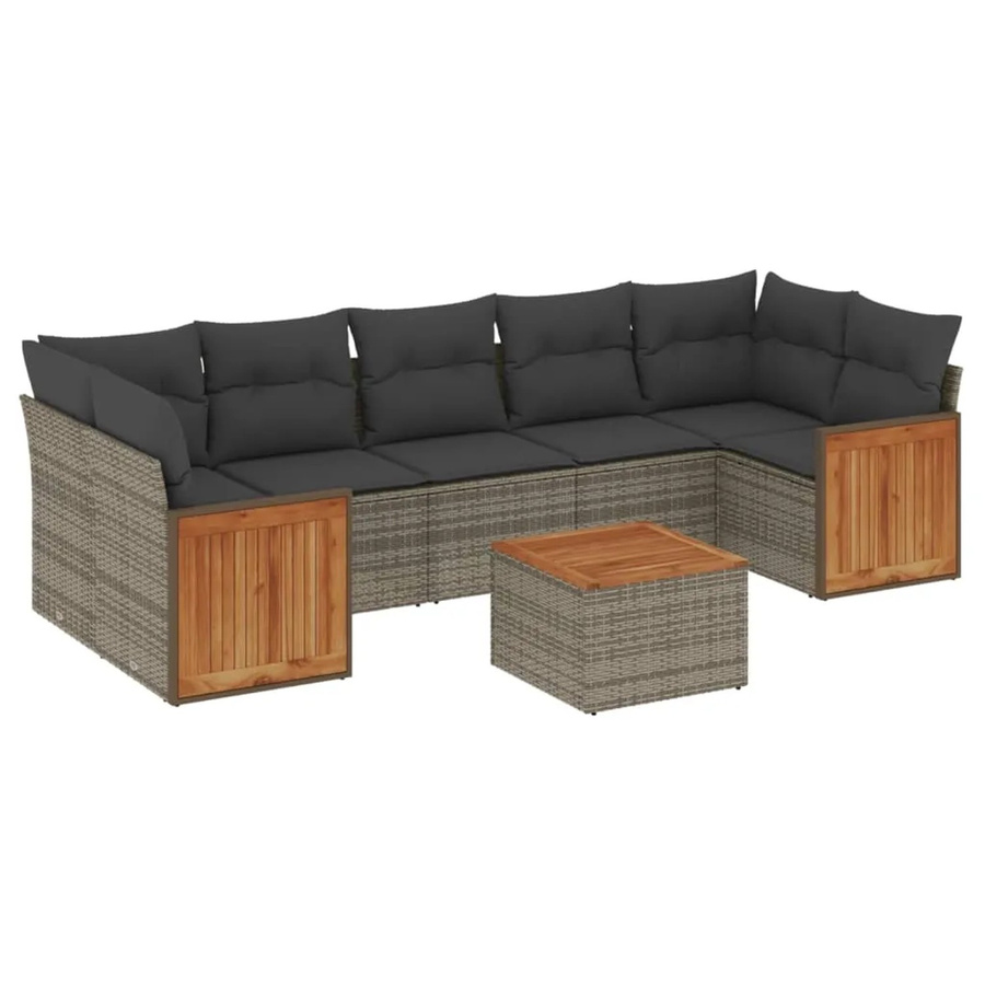 vidaXL 8-tlg Garten-Sofagarnitur in L-Form aus Polyrattan und Akazienholz mit Kissen, Grau - Bild 2