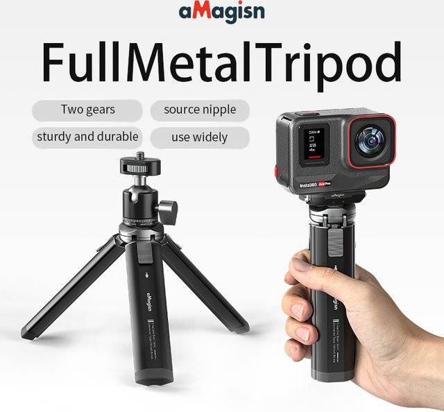 aMagisn Stativ aus Metall-Aluminium-Legierung in Schwarz für GoPro Hero, DJI OSMO und Insta360 Action Kameras mit 1/4 Zoll Schraube - Bild 1