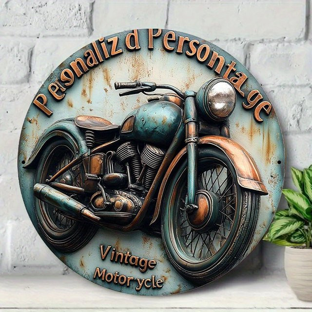 HELLOYOUNG Vintage Motorrad Wandschild aus Metall, Rundes Aluminium-Deko-Schild in Grün und Kupfer, Durchmesser: 20 cm - Bild 1