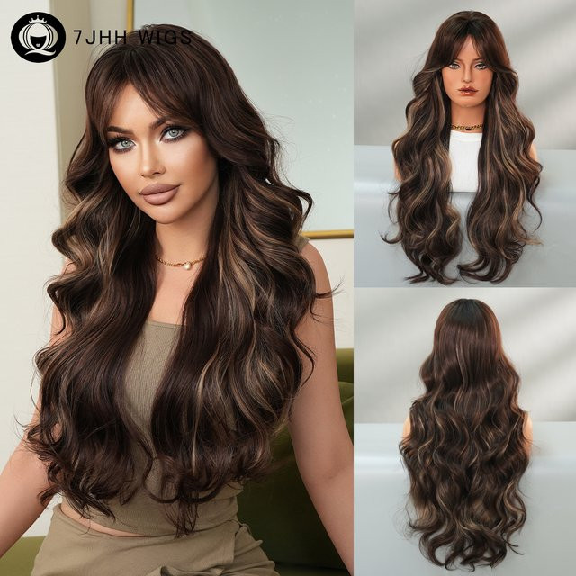 7JHH WIGS Perücke für Damen, lange gewellte dunkelbraune Synthetik-Perücke mit Mittelscheitel und Vorhangfransen - Bild 1