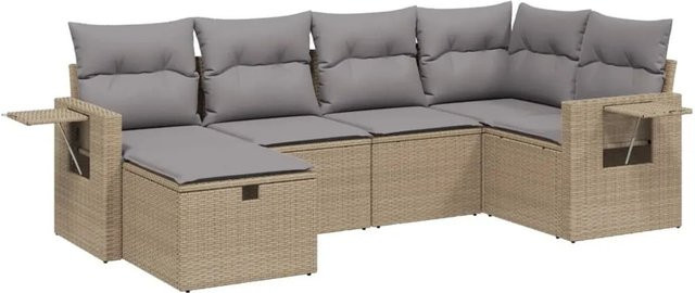 vidaXL 6-tlg Garten-Sofagarnitur in L-Form mit Ottoman, Beige, Poly Rattan und UV-beständigen Kissen - Bild 1