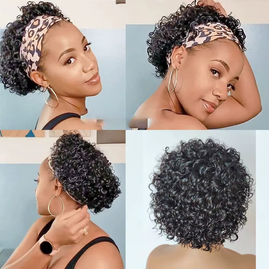 OYM HAIR Stirnband-Perücke, Pixie-Schnitt, kurze lockige Remy-Echthaar-Perücke, Schwarz - Bild 3
