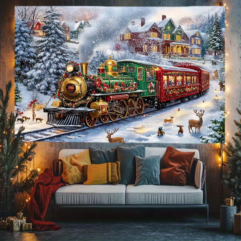 VIKAMA Wandbehang Weihnachten Vintage Schnee Szene Zug Tapisserie für Wohnzimmer und Party Dekoration - Bild 2