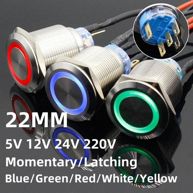 ELECAPITAL LED Metall Druckknopf Schalter wasserdicht rund in Blau, Grün, Rot, Weiß oder Gelb - Bild 1