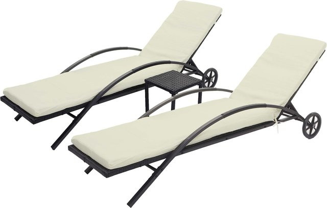 2er-Set MCW Sonnenliegen E27 aus Poly-Rattan in Schwarz mit cremefarbenen Kissen - Bild 1