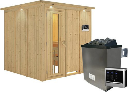 Karibu Sauna Valga aus Fichtenholz in Beige mit 9 kW Saunaofen und externer Steuerung für 4 Personen, B/T/H: 210 x 202 x 210 cm - Bild 1