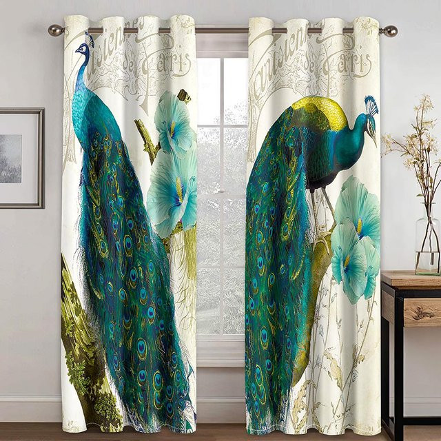 Luxuriöse Pfauenfedervorhänge in Grün und Multicolour, 2 Paneele aus Polyester, Breite: 50 cm, Höhe: 130 cm - Bild 1