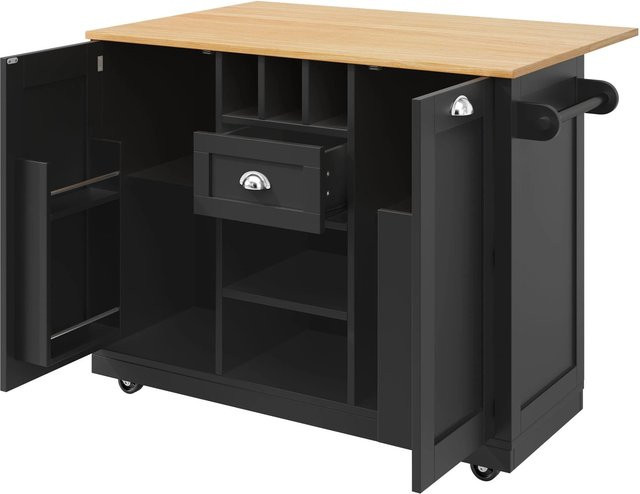 okwish Kücheninsel mit Rollen, Weinregal und Handtuchhalter in Schwarz, B/T/H: 140 x 70 x 93,5 cm - Bild 1
