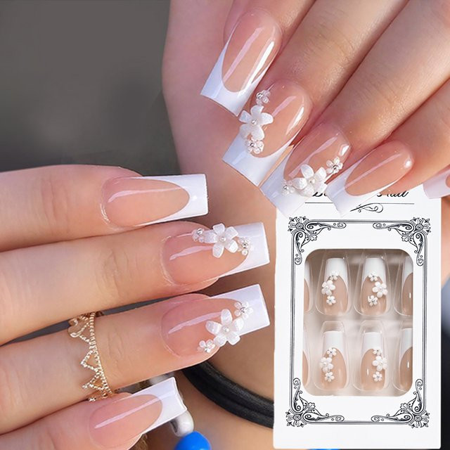 MAFANAILS Kunstnägel, weiß, 3D-Acrylblumen, silberne Kaviarperlen, mittellang - Bild 1