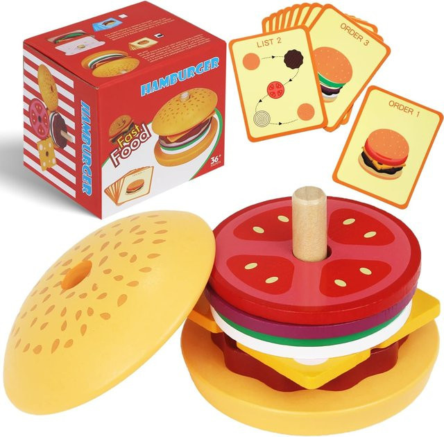 Yiran toy Burger Sandwich Stapelspielzeug Lebensmittel aus Holz ab 3-6 Jahre - Bild 1