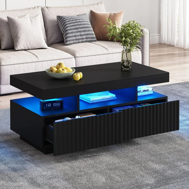 Merax Couchtisch mit LED-Beleuchtung und 2 Schubladen in Schwarz mit Rillenoptik B/T/H: 126 x 50 x 45 cm - Bild 1