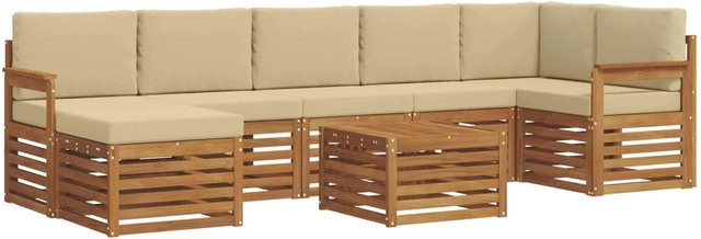 vidaXL Sofagarnitur 8-teilig aus Massivholz Akazie in Natur und Beige mit L-Form und Polsterkissen - Bild 1