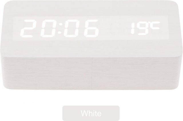 Mylighting Digitaler LED-Holzwecker in Weiß mit Sprachsteuerung, Zeit, Datum und Temperatur, rechteckige Tischuhr aus Bambus - Bild 1