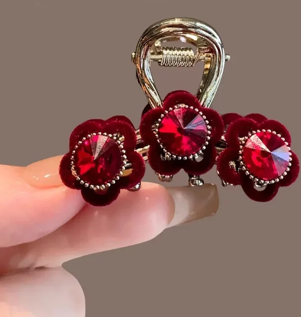 HIYAYZ Haar Clip, Weinrot, Kristall Samt Blume, Damen - Bild 1