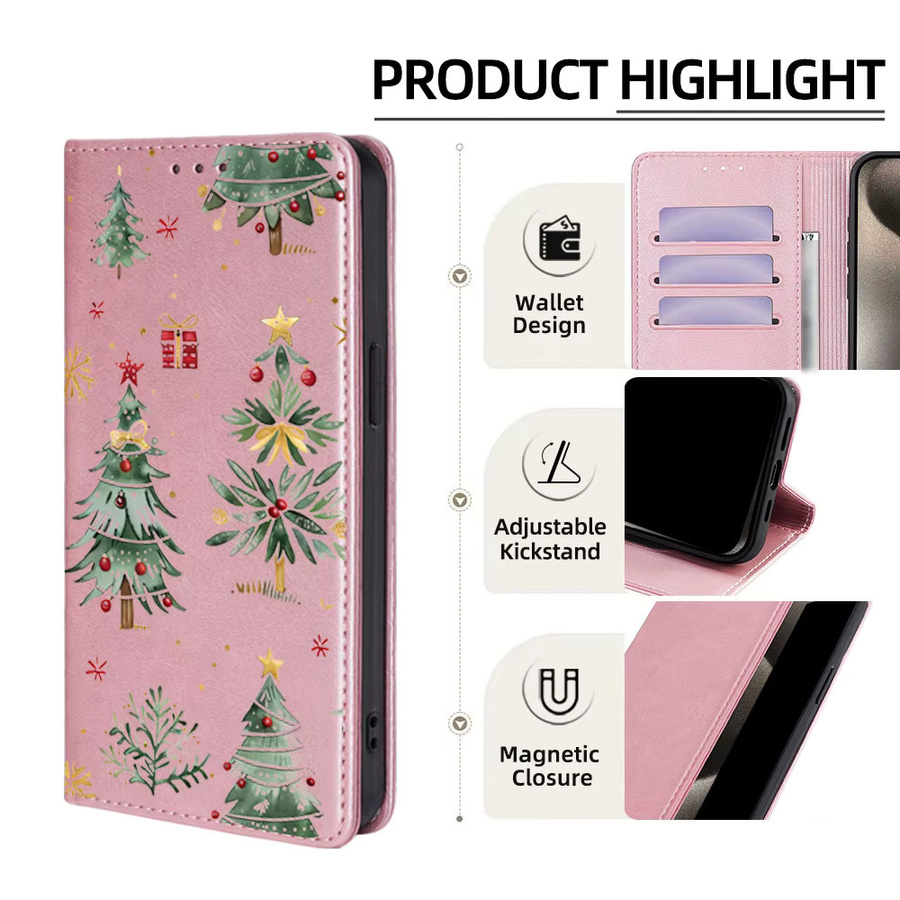 Leder Brieftasche Hülle mit Weihnachtsbaummuster für Samsung Galaxy S25 Ultra S25 FE S24 S23 S22 Plus Flip Cover A56 A36 A26 A17 A07 in Braun oder Pink - Bild 2