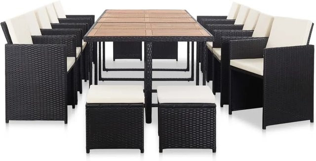 vidaXL 15-tlg Garten-Essgruppe aus Poly Rattan mit Auflagen in Schwarz und Cremeweiß - Bild 1