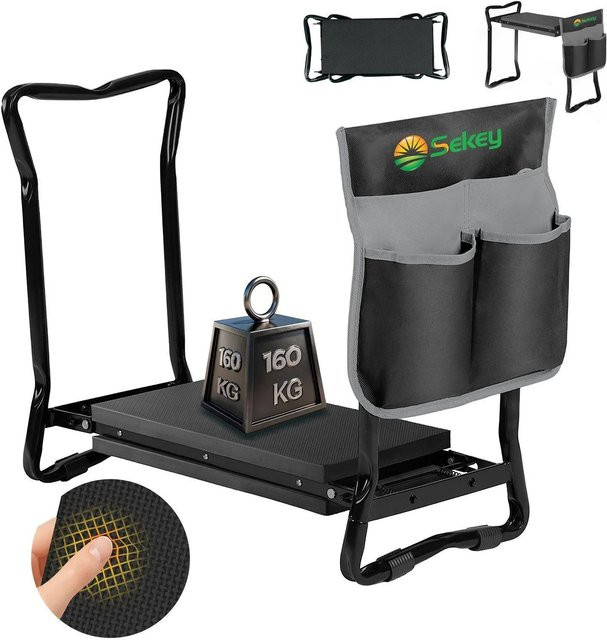 Sekey 2 in 1 XXL Kniebank für die Gartenarbeit, gepolsterter Gartenhocker klappbar und höhenverstellbar mit Werkzeugtasche, Schwarz, B/T/H: 60 x 49 x 27,5 cm - Bild 1