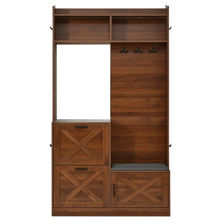 PXloue Garderobenschrank mit Schuhschrank, Sitzbank, Spiegel und LED in Braun, B/T/H: 100 x 25 x 180 cm - Bild 2