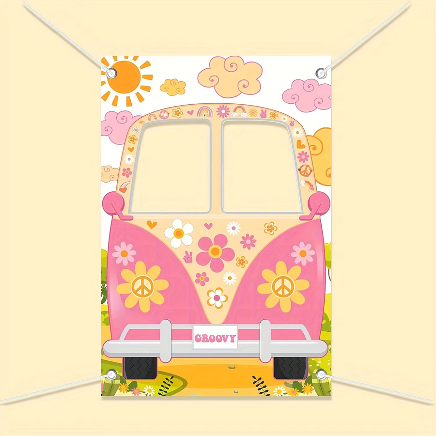 OURFETE Retro Hippie Bus Foto-Requisite in Pink mit floralem Design für Partys und Fotoboxen - Bild 2