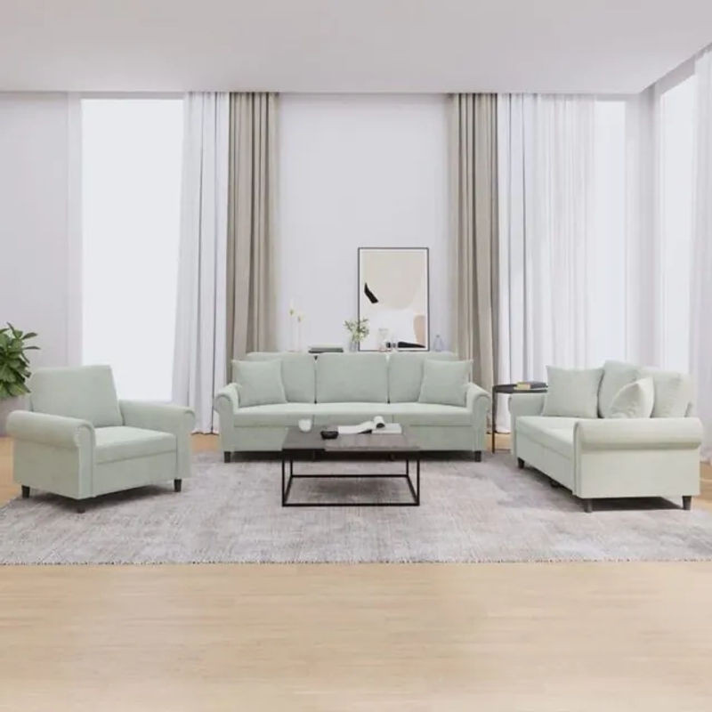 Vidaxl 3-tlg. Sofagarnitur mit Kissen in Grau aus Samt - Bild 1