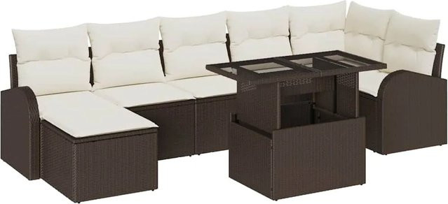 vidaXL Garten-Sofa-Set aus Polyrattan in Braun, 8-teiliges L-Shape Set mit Ecksofa, Mittelsitzen, Armsofas, Fußhockern, Tisch und integriertem Kissen-Speicher, UV-beständig mit Polsterkissen - Bild 1