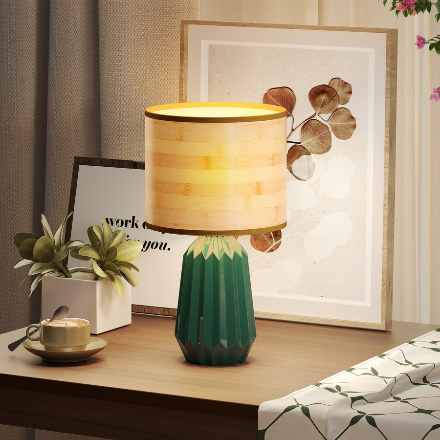 HOMCOM Tischlampe im Retro-Stil mit Keramikfuß und Leinen-Schirm, Grün und Naturholz, E27, 40 W - Bild 2