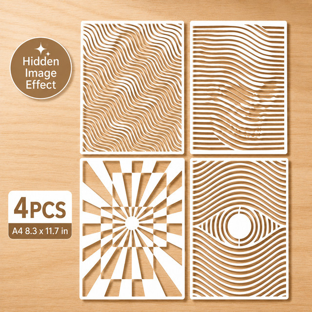 4 Stück A4 Optische Illusions-Schablonen mit abstrakten Linien für DIY-Bastelarbeiten aus weißem Kunststoff - Bild 1