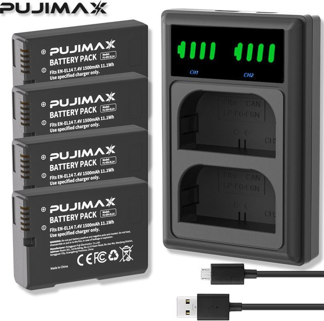 PUJIMAX Akku und LCD USB Dual Ladegerät Set für Nikon D3100 D3200 D3300 D5100 D5200 D5300 P7000 in Schwarz - Bild 1